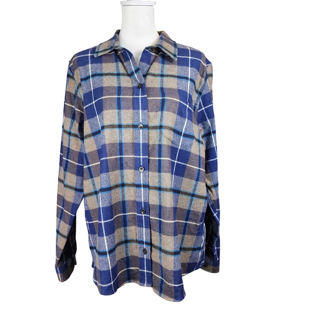 LL Bean Flannel Shirt Women Large Blue Tan Plaid Cotton Relaxed Fit Gorpcore NEW